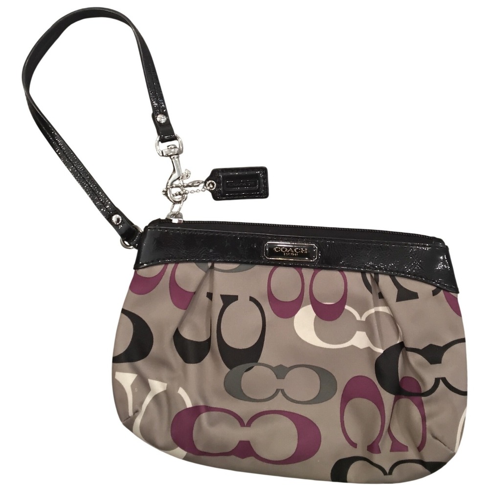 Coach Signature C Multi Color Sateen Wristlet Black Patent Leather Trim 45651